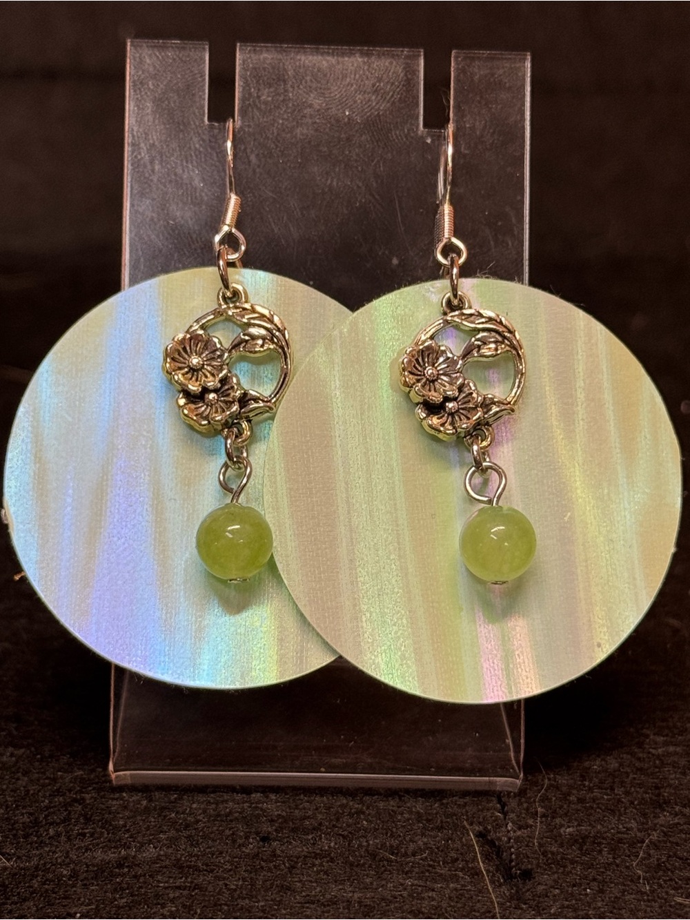 Light Green Aurora Colored Faux Leather Earrings With Flower Charms